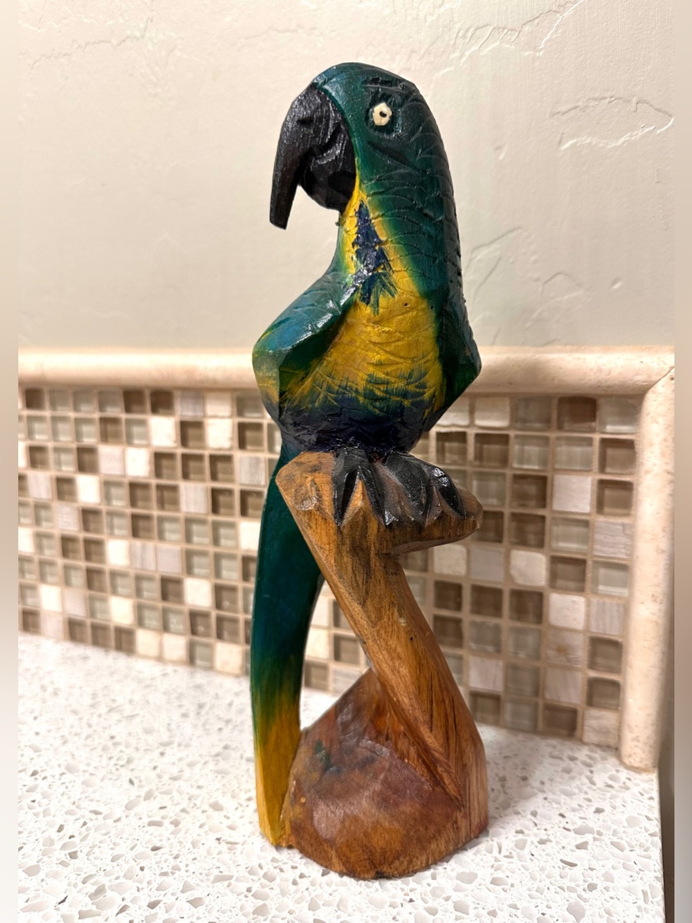 Multicolor Hand Carved Hand Painted  Wood Vintage Parrot Figurine 10”